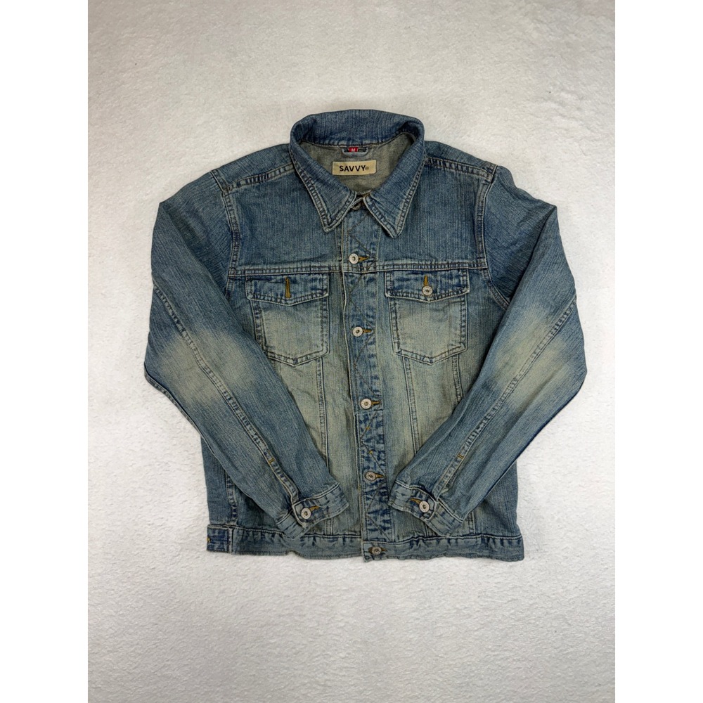 Savvy Mens Blue Denim Trucker Jacket Medium Vintage Wash Button Up 100344